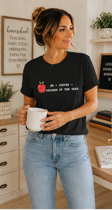 Teacher of the Year Coffee T-Shirt — Me + Coffee = Teacher of the Year